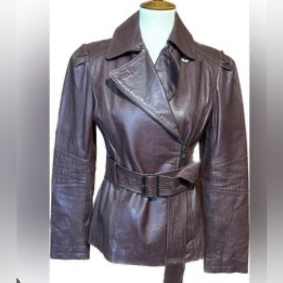 NWT KENNETH COLE Genuine Leather Belted Jacket. Maroon/red burgundy, Size XL - Picture 7 of 8